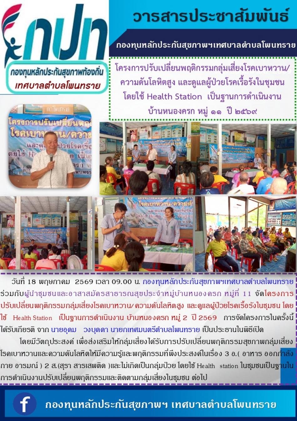 โครงการปรับเปลี่ยนพฤติกรรมกลุ่มเสี่ยงโรคเบาหวาน/ความดันโลหิตสูง และดูแลผู้ป่วยโรคเรื้อรังในชุมชน โดยใช้ Health Station  เป็นฐานการดำเนินงาน   บ้านหนองครก หมู่ 11  ปี 2569