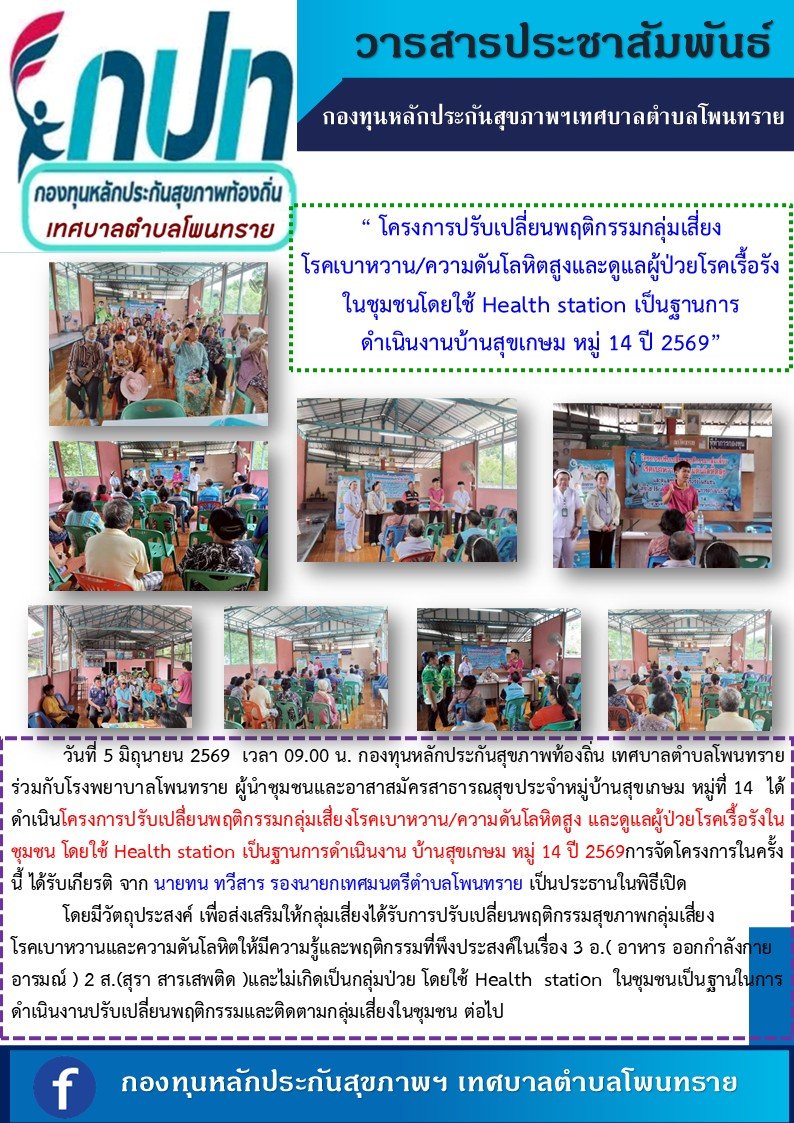 โครงการปรับเปลี่ยนพฤติกรรมกลุ่มเสี่ยงโรคเบาหวาน/ความดันโลหิตสูง และดูแลผู้ป่วยโรคเรื้อรังในชุมชน โดยใช้ Health station เป็นฐานการดำเนินงาน บ้านสุขเกษม หมู่ 14 ปี 2569 